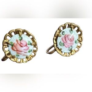 Vintage Screwback 1940s 1930s Guilloche Floral Enamel and Gold Earrings RARE